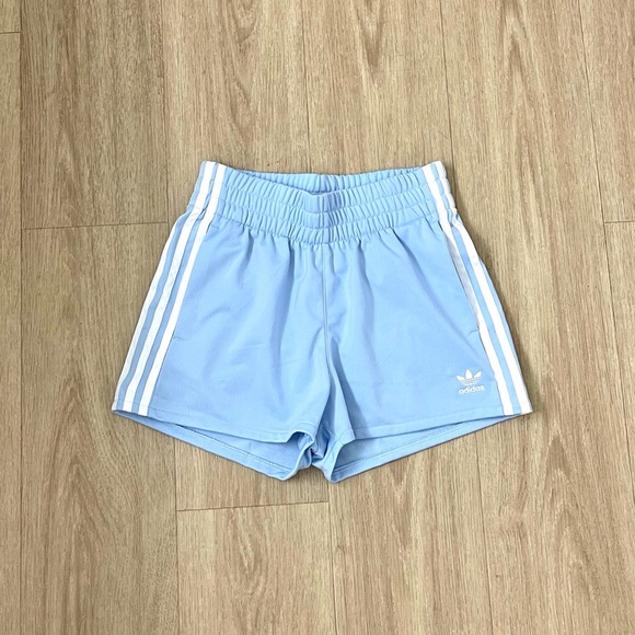 Adidas Baby Blue Three Stripe High Waisted Shorts - Picture 3 of 4